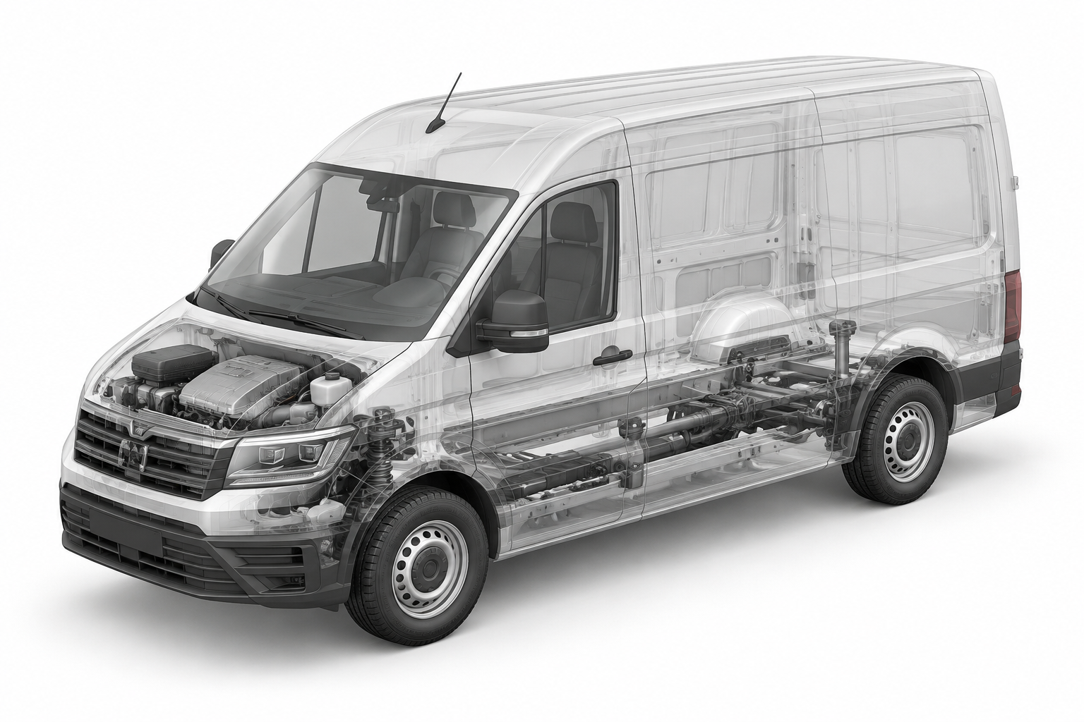 Przekrój modelu MAN TGE 3.180 4X2F Pojazd nowy - Napęd na przód.